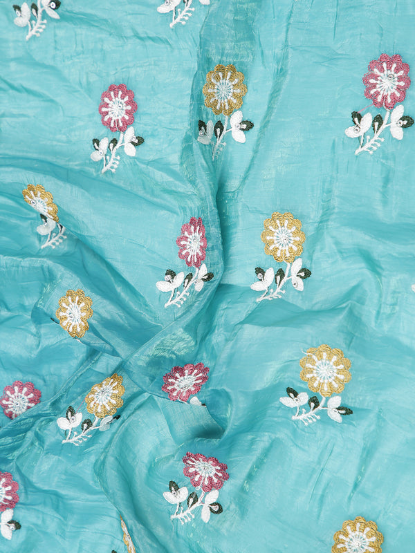Sea Green Organza Saree With Multi Floral Thread Work Over Body