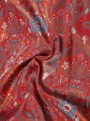Maroon With Copper Tissue Saree With Floral Design And Peacock Green Border