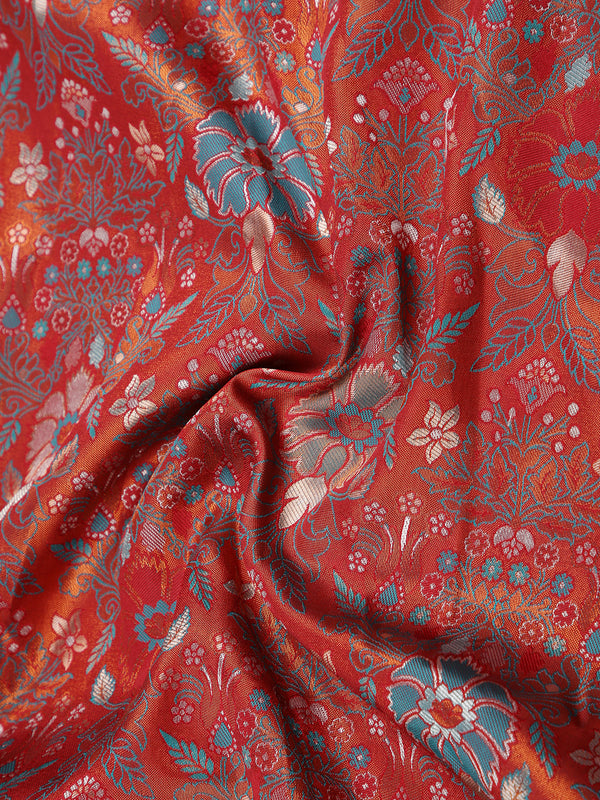 Maroon With Copper Tissue Saree With Floral Design And Peacock Green Border