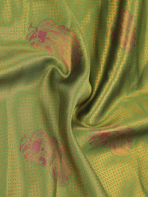 Parrot Green Art Silk Saree With Copper Thread Work Over Body And Purple Border
