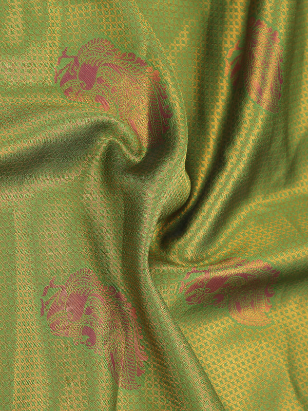 Parrot Green Art Silk Saree With Copper Thread Work Over Body And Purple Border