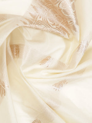 Off White Color Cotton Set Saree With Rose Gold Lotus Floral Buttas And Temple Border
