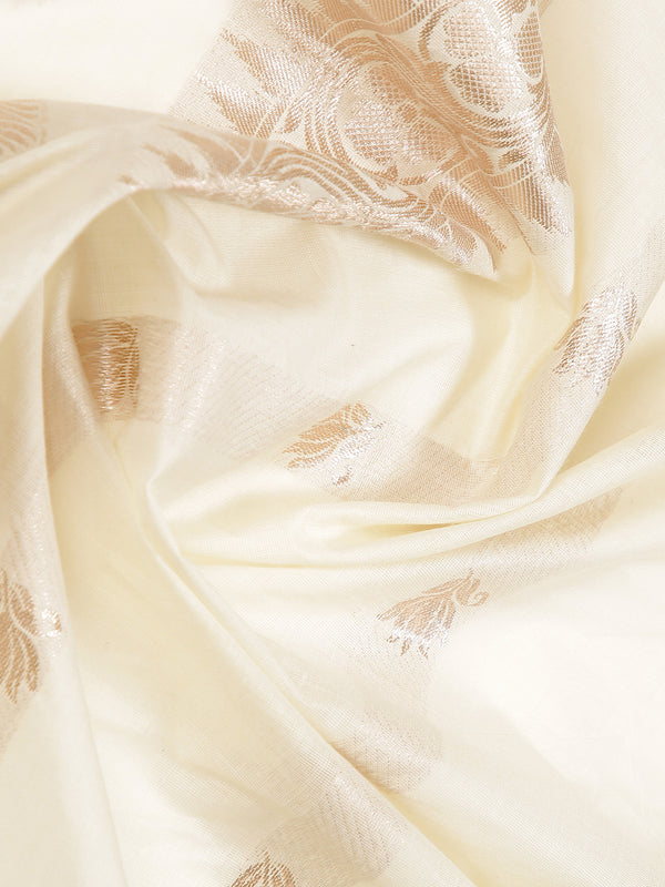 Off White Color Cotton Set Saree With Rose Gold Lotus Floral Buttas And Temple Border
