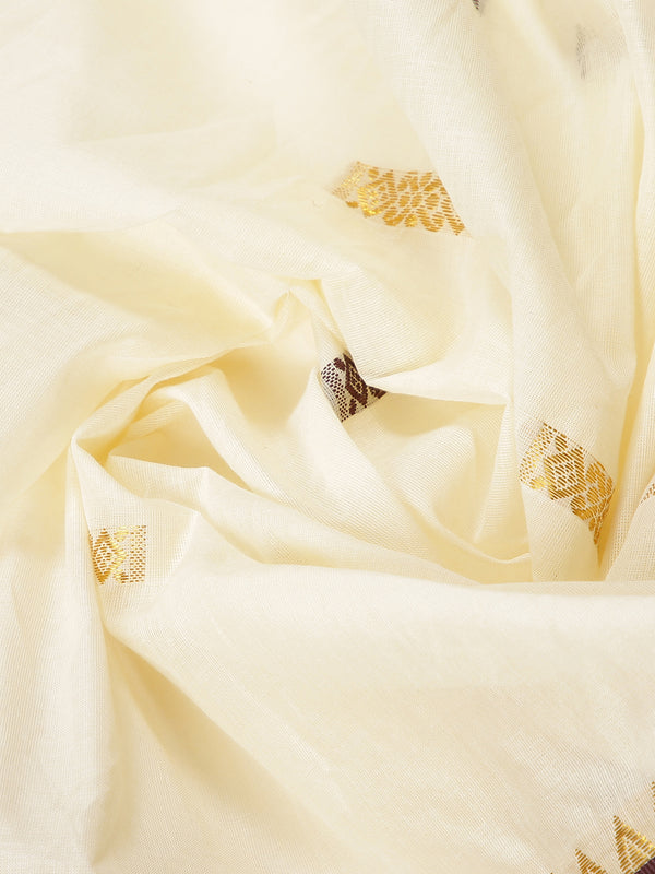 Off White Color Cotton Set Saree With Golden And Coffee Brown Thread Worked Buttas