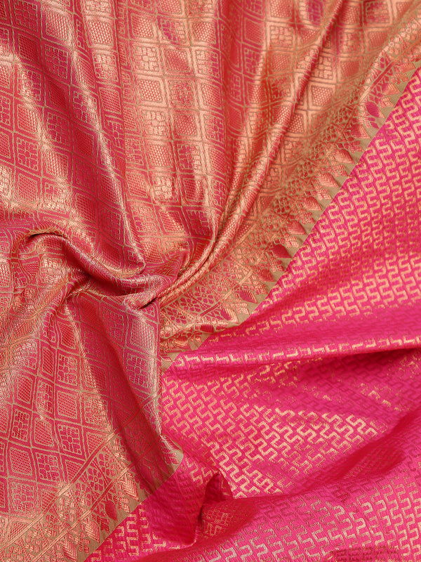 Bright Pink Waved Zari Designed Saree With Olive Green Border