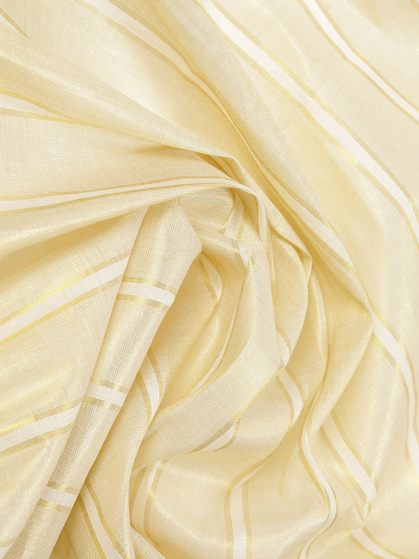 Golden Tissue Set Saree With Golden Bordered Off White Vertical Stripes On Body