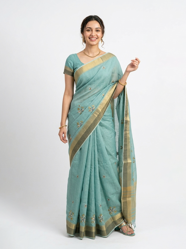 Cotton Mint Green Embroidered Saree