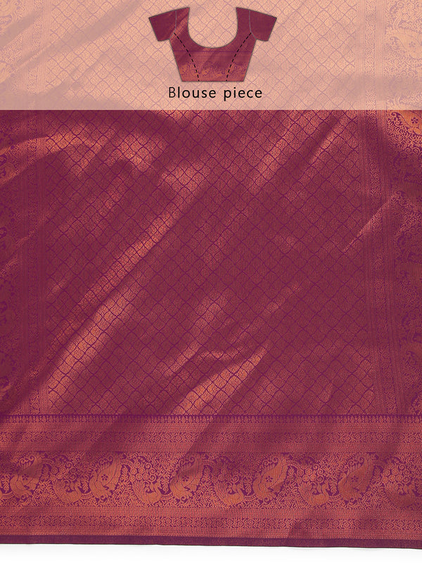 Parrot Green Art Silk Saree With Copper Thread Work Over Body And Purple Border