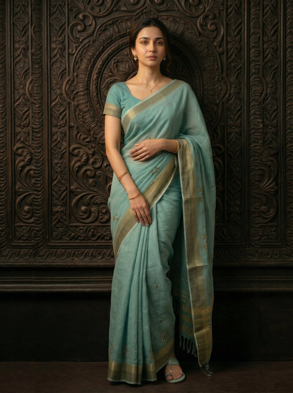 Woman in a light blue saree standing against an ornate dark wooden background