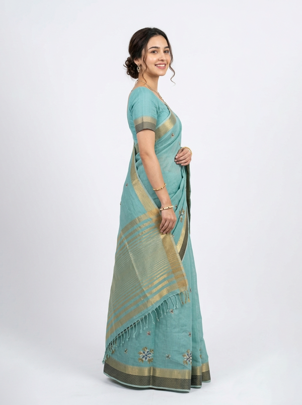 Cotton Mint Green Embroidered Saree