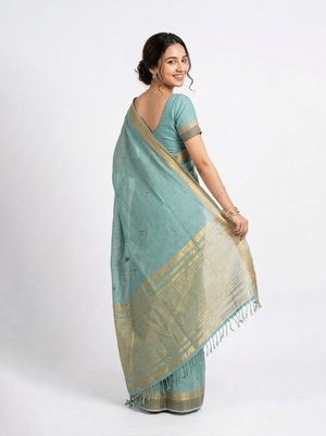 Cotton Mint Green Embroidered Saree