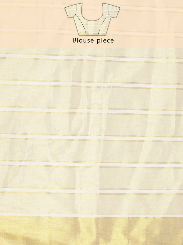 Golden Tissue Set Saree With Golden Bordered Off White Vertical Stripes On Body
