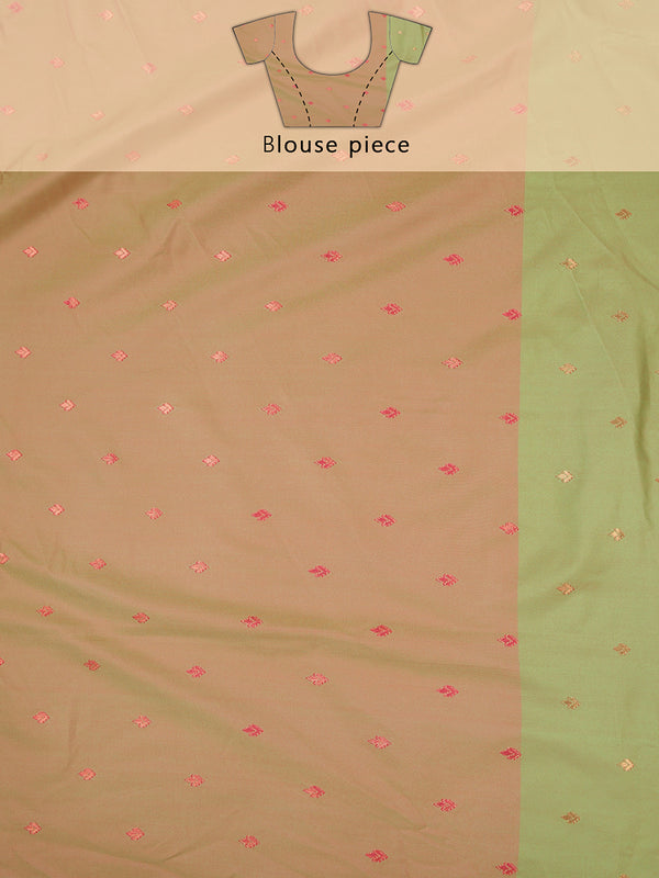 Bright Pink Waved Zari Designed Saree With Olive Green Border
