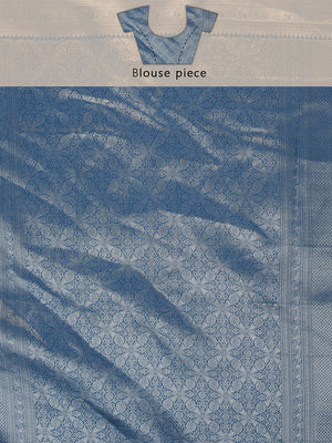 Pale Blue Color Silver Woven Designed Art Silk Saree With Peacock Blue Border