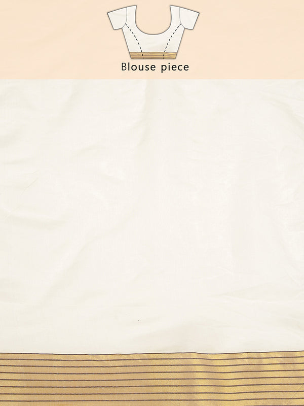 Off White Color Cotton Set Saree With Golden And Coffee Brown Thread Worked Buttas