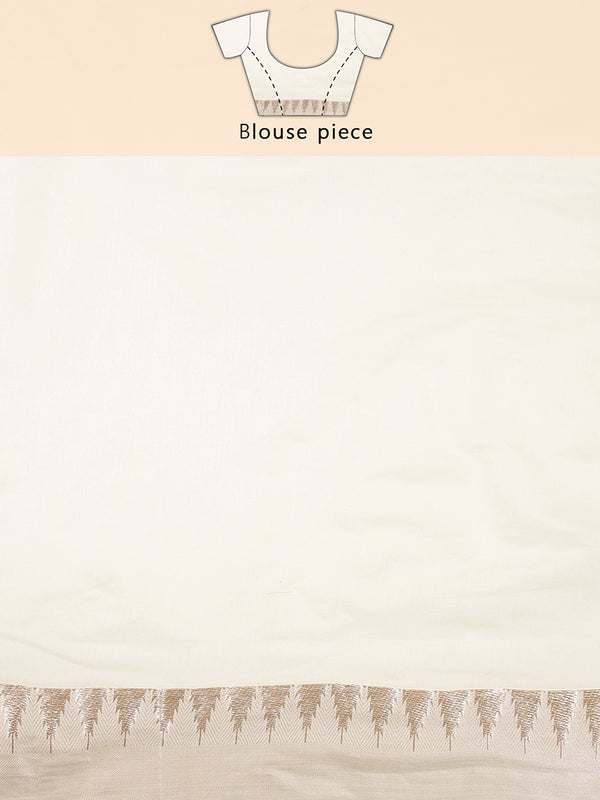 Off White Color Cotton Set Saree With Rose Gold Lotus Floral Buttas And Temple Border