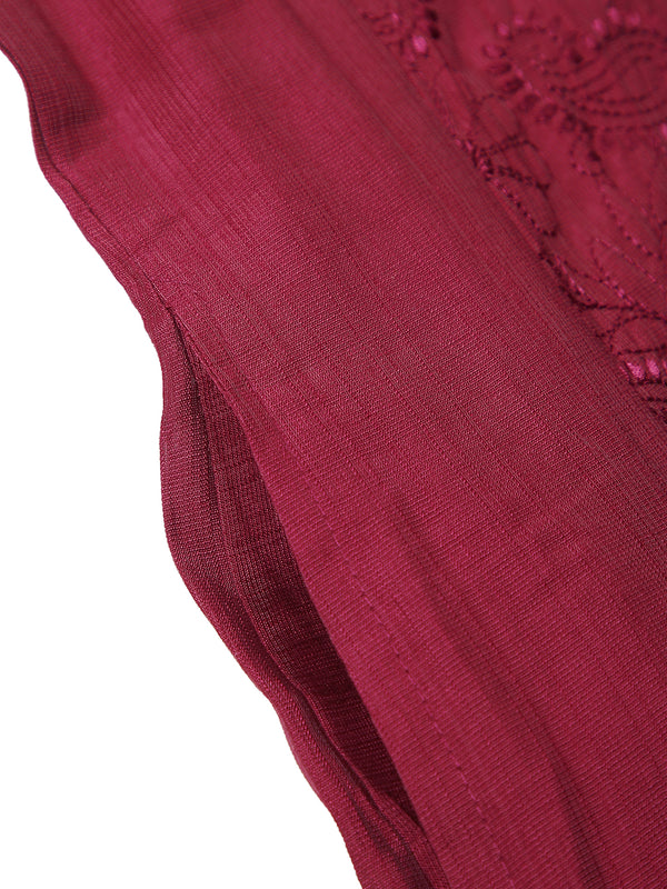 Wine Pink Color Patch Worked Embroidery Designed Cotton Blended Kurti Top