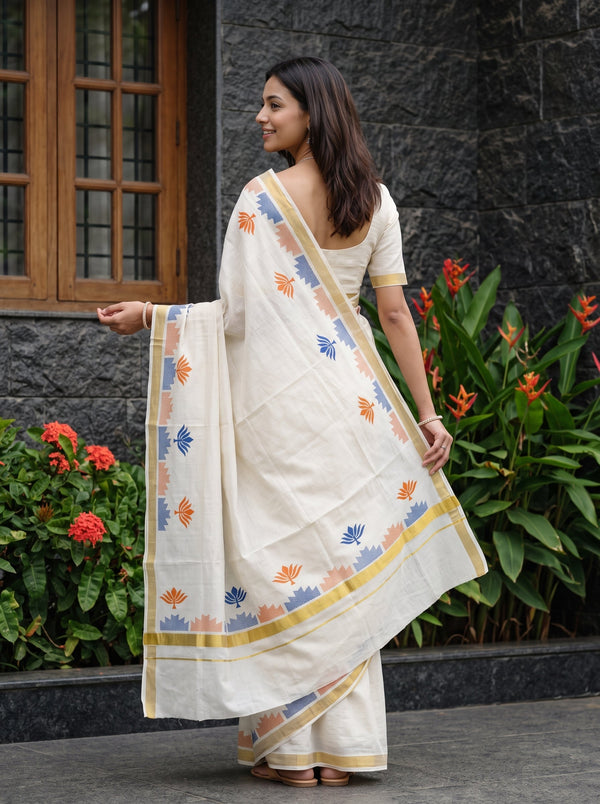 Cotton Cream Plain Kerala Saree with Orange Blue Lotus Pallu