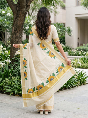Tissue Cream Kerala Saree with Sunflower Print Pallu, Golden Zari Border