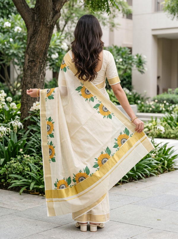 Tissue Cream Kerala Saree with Sunflower Print Pallu, Golden Zari Border