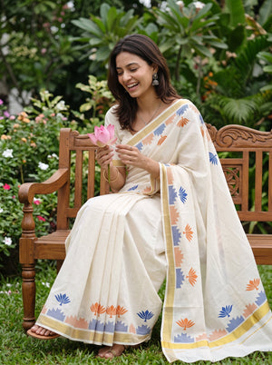 Cotton Cream Plain Kerala Saree with Orange Blue Lotus Pallu