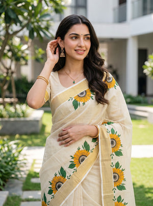 Tissue Cream Kerala Saree with Sunflower Print Pallu, Golden Zari Border