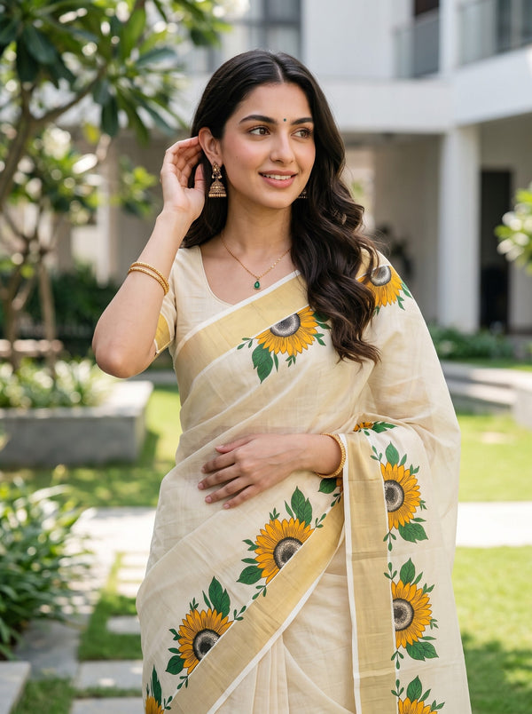 Tissue Cream Kerala Saree with Sunflower Print Pallu, Golden Zari Border