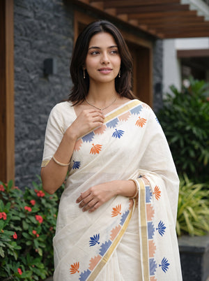 Cotton Cream Plain Kerala Saree with Orange Blue Lotus Pallu