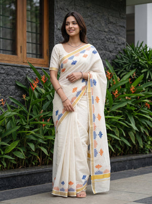 Cotton Cream Plain Kerala Saree with Orange Blue Lotus Pallu