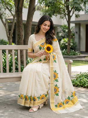 Tissue Cream Kerala Saree with Sunflower Print Pallu, Golden Zari Border