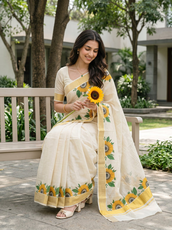 Tissue Cream Kerala Saree with Sunflower Print Pallu, Golden Zari Border