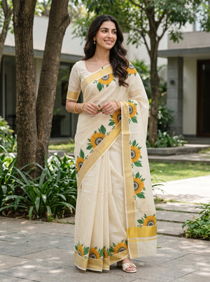 Tissue Cream Kerala Saree with Sunflower Print Pallu, Golden Zari Border