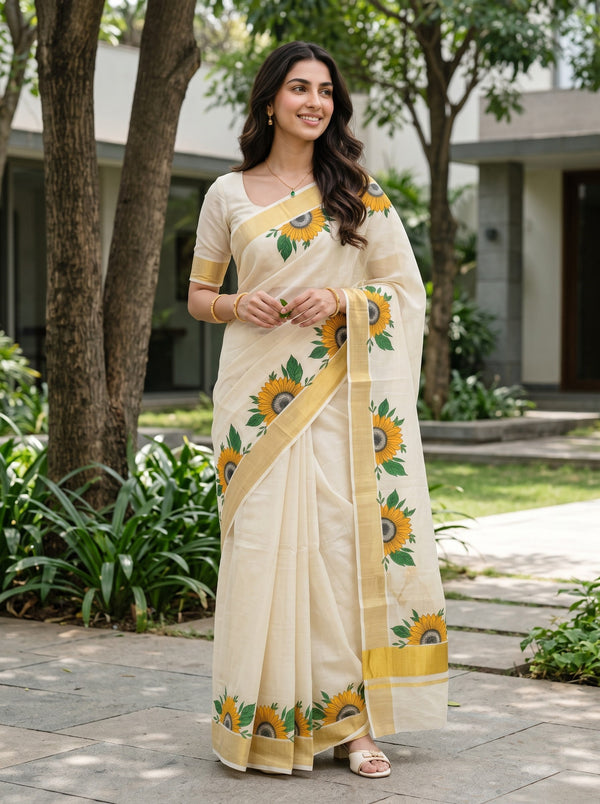 Tissue Cream Kerala Saree with Sunflower Print Pallu, Golden Zari Border