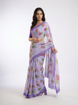 Cotton Light Purple Saree with Multicolor Leaf Print Design
