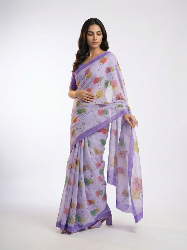 Cotton Light Purple Saree with Multicolor Leaf Print Design