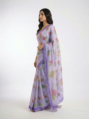 Cotton Light Purple Saree with Multicolor Leaf Print Design