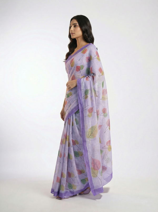 Cotton Light Purple Saree with Multicolor Leaf Print Design