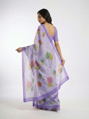Cotton Light Purple Saree with Multicolor Leaf Print Design