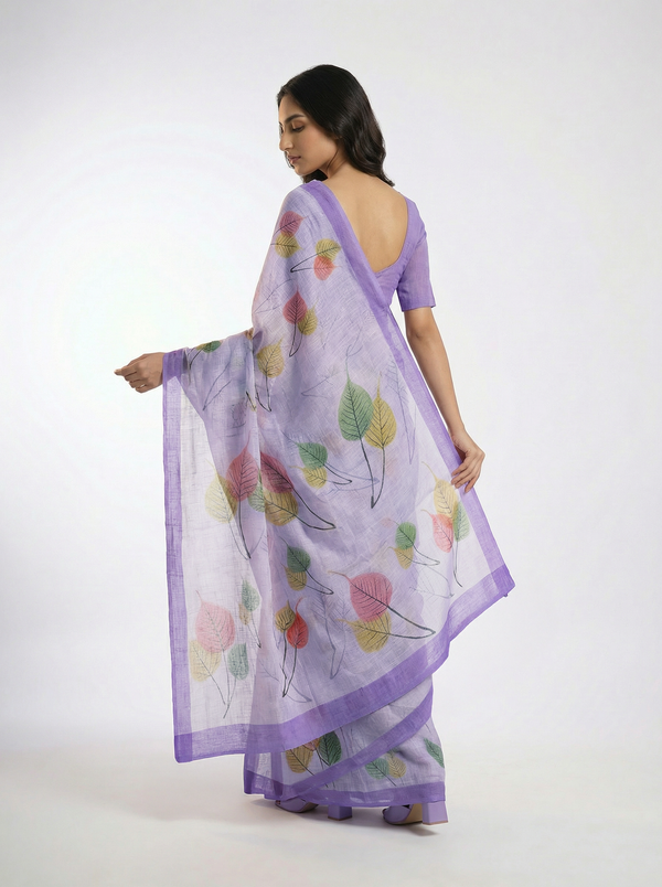 Cotton Light Purple Saree with Multicolor Leaf Print Design