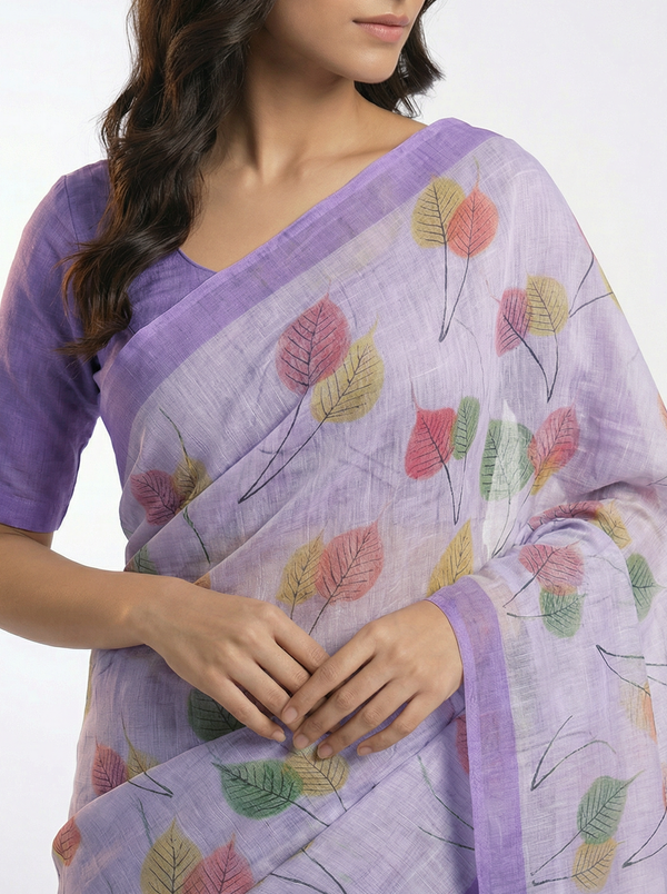Cotton Light Purple Saree with Multicolor Leaf Print Design