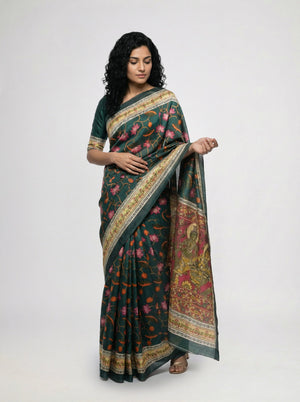 Cotton Saree Dark Green with Multicolor Floral Motif and Traditional Border