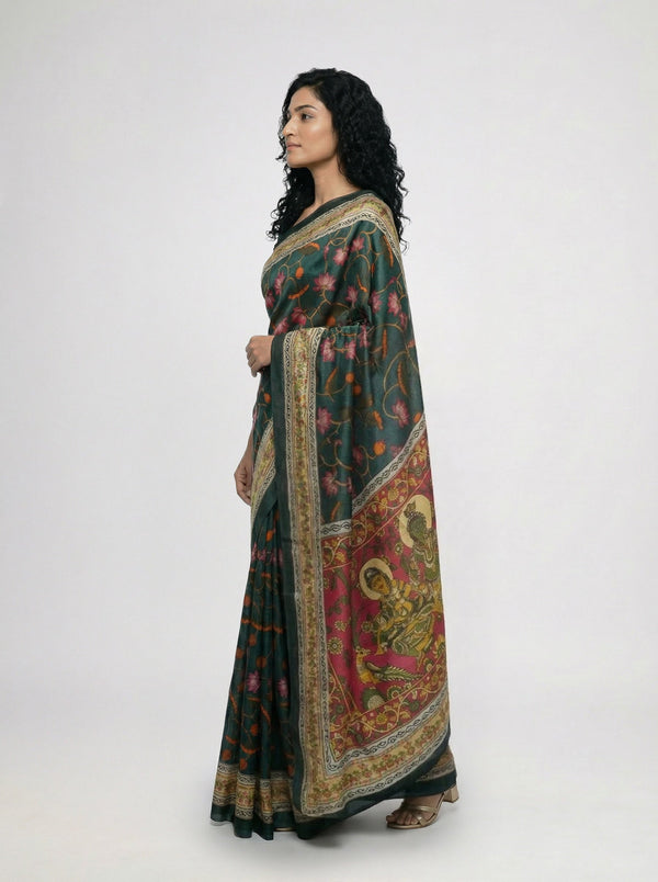 Cotton Saree Dark Green with Multicolor Floral Motif and Traditional Border