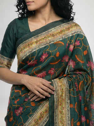 Cotton Saree Dark Green with Multicolor Floral Motif and Traditional Border