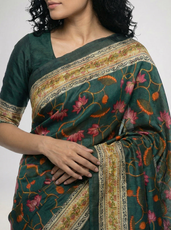 Cotton Saree Dark Green with Multicolor Floral Motif and Traditional Border
