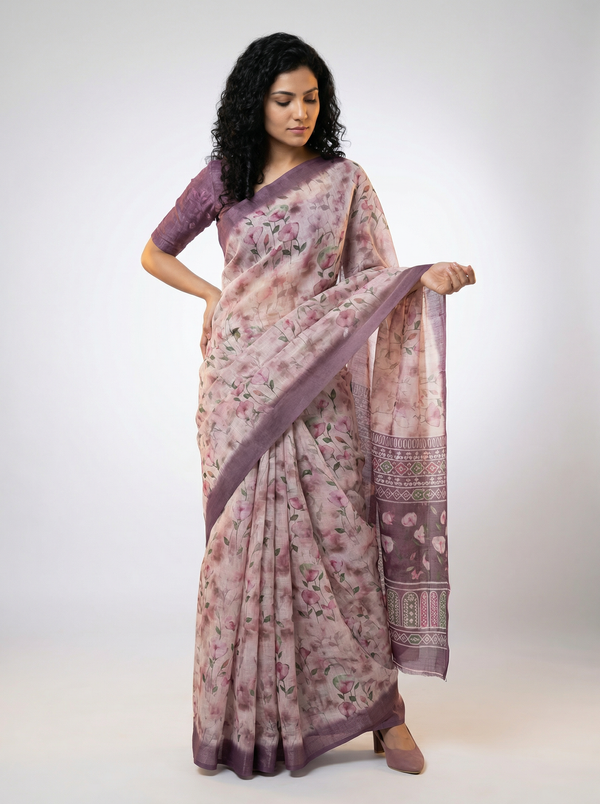 Cotton Mauve Saree with Vintage Floral Print and Designer Pallu