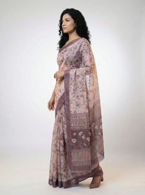Cotton Mauve Saree with Vintage Floral Print and Designer Pallu