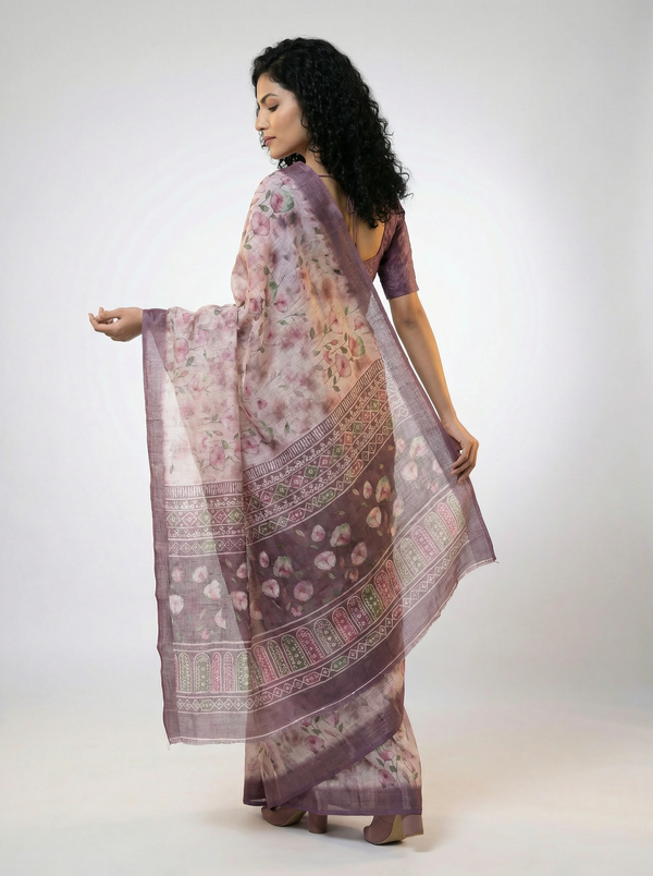 Cotton Mauve Saree with Vintage Floral Print and Designer Pallu