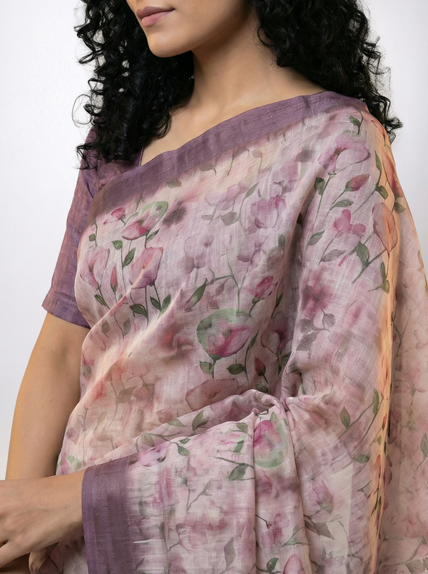 Cotton Mauve Saree with Vintage Floral Print and Designer Pallu