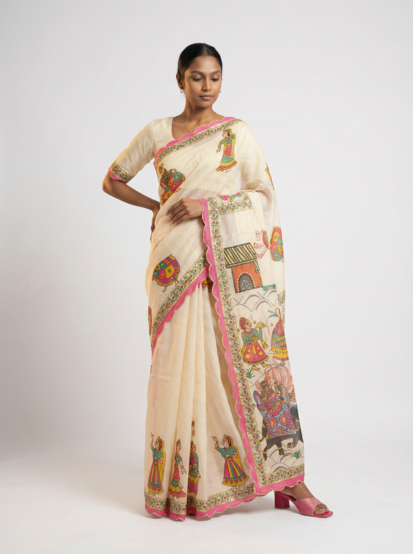 Cotton Off White Saree with Folk Art Figures and Decorative Border