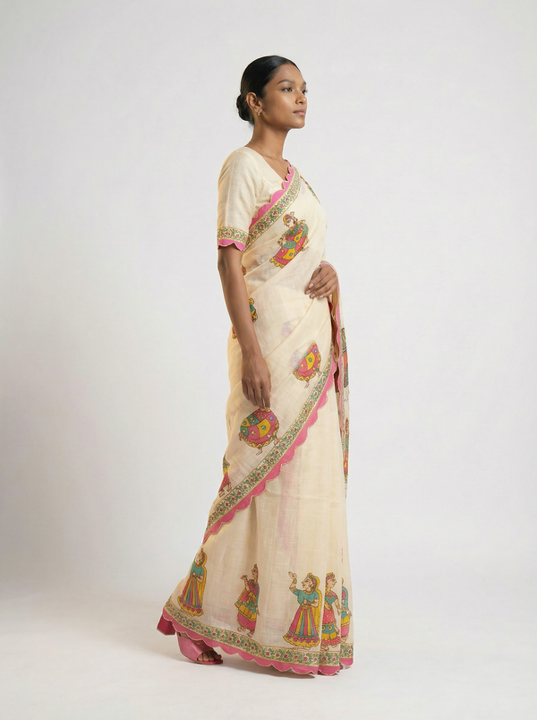 Cotton Off White Saree with Folk Art Figures and Decorative Border